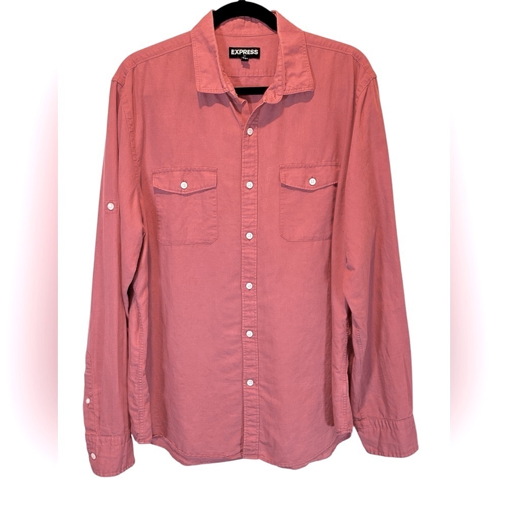 A113 Express Men’s Red Linen Blend Button Down Shirt Sz L Long Sleeve